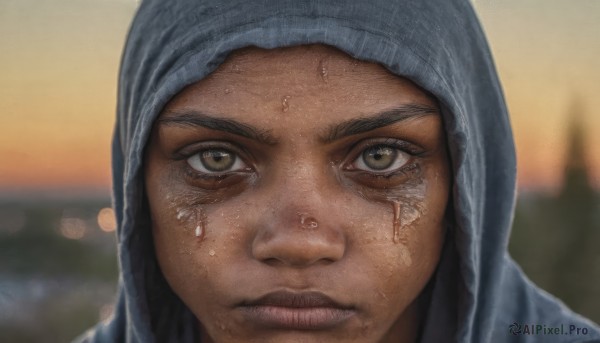 1girl,solo,looking at viewer,black hair,1boy,brown eyes,closed mouth,male focus,outdoors,tears,dark skin,hood,blurry,dark-skinned female,lips,tattoo,depth of field,blurry background,facial mark,dark-skinned male,crying,aged down,child,portrait,close-up,hood up,freckles,crying with eyes open,realistic,nose,facial tattoo,eye focus,hat,sweat,scar,parody,scar on face,beanie