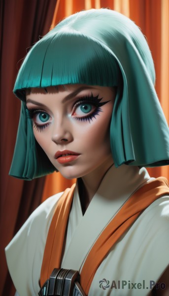 1girl,solo,looking at viewer,short hair,bangs,blue eyes,green eyes,upper body,parted lips,japanese clothes,green hair,blunt bangs,kimono,aqua eyes,lips,eyelashes,aqua hair,makeup,bob cut,lipstick,curtains,eyeshadow,realistic,nose,red lips,artist name,watermark,portrait,web address,eyeliner,mascara