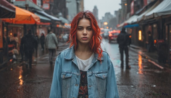 1girl,solo,long hair,looking at viewer,shirt,brown eyes,jacket,white shirt,upper body,red hair,outdoors,open clothes,solo focus,blurry,open jacket,lips,depth of field,blurry background,denim,blue jacket,building,pocket,jeans,city,realistic,nose,road,street,denim jacket,makeup