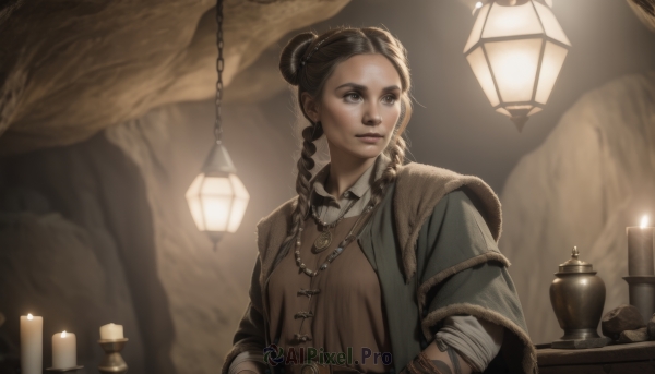 1girl,solo,long hair,brown hair,shirt,black hair,brown eyes,jewelry,closed mouth,upper body,braid,indoors,necklace,hair bun,blurry,twin braids,lips,looking to the side,fur trim,blurry background,looking away,lantern,lamp,candle,candlestand,candlelight,breasts,belt,artist name,tattoo,rock,realistic,nose