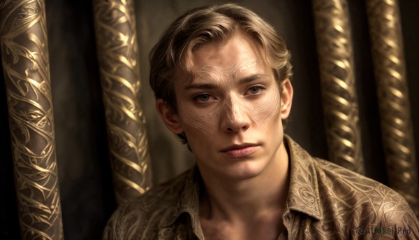 HQ,solo,looking at viewer,short hair,blue eyes,blonde hair,brown hair,shirt,1boy,closed mouth,upper body,male focus,collared shirt,indoors,lips,grey eyes,portrait,realistic,black eyes,shadow,scar,sunlight