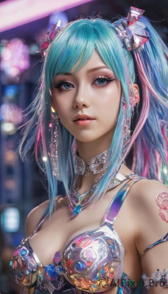 1girl,solo,long hair,breasts,looking at viewer,bangs,blue eyes,hair ornament,cleavage,bare shoulders,twintails,jewelry,medium breasts,blue hair,upper body,ponytail,pink hair,multicolored hair,earrings,parted lips,choker,necklace,armor,blurry,aqua eyes,lips,eyelashes,aqua hair,tattoo,makeup,blurry background,piercing,gem,armlet,realistic,nose,bikini armor,underwear,sidelocks,signature,bra,detached collar,watermark