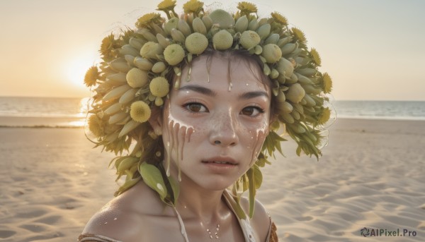 1girl,solo,looking at viewer,short hair,brown hair,hair ornament,brown eyes,collarbone,outdoors,parted lips,water,lips,wet,fruit,ocean,leaf,beach,sunlight,portrait,backlighting,freckles,sunset,realistic,nose,simple background,white background,jewelry,earrings,sky,no humans,sun,horizon