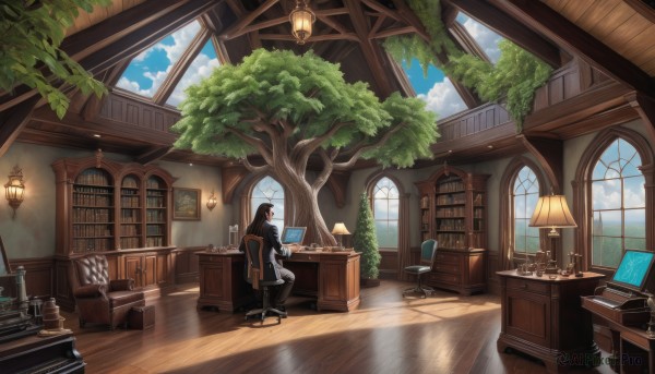 1girl,solo,long hair,black hair,1boy,sitting,pantyhose,sky,day,cloud,indoors,tree,cup,blue sky,book,window,chair,table,sunlight,plant,scenery,desk,wooden floor,paper,open book,clock,bookshelf,potted plant,lamp,computer,laptop,book stack,quill,globe,long sleeves,holding,pants,black footwear,monitor,picture frame,painting (object),drawer,cabinet,desk lamp