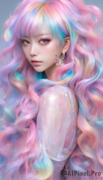 1girl,solo,long hair,looking at viewer,bangs,blue eyes,blonde hair,simple background,jewelry,closed mouth,blue hair,upper body,pink hair,short sleeves,multicolored hair,earrings,puffy sleeves,from side,lips,streaked hair,see-through,grey eyes,eyelashes,makeup,blue background,wavy hair,piercing,eyeshadow,nose,realistic,rainbow hair