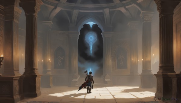 solo,short hair,brown hair,gloves,1boy,holding,standing,weapon,male focus,boots,pants,sword,indoors,hood,from behind,cape,holding weapon,armor,shadow,glowing,fire,sheath,scenery,sheathed,stairs,facing away,candle,wide shot,pillar,weapon on back,arch,column,sunlight,helmet,staff,walking,light,torch