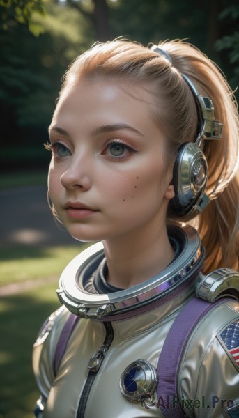 1girl,solo,long hair,breasts,looking at viewer,blue eyes,blonde hair,closed mouth,upper body,ponytail,outdoors,day,artist name,blurry,tree,lips,grey eyes,eyelashes,depth of field,blurry background,headphones,portrait,forehead,zipper,freckles,realistic,nose,hair pulled back,spacesuit,astronaut,brown hair,green eyes,jacket,parted lips,signature,bag,mole,mole under eye,looking away,expressionless,sunlight,backpack,high ponytail,looking up,headset,looking afar,american flag