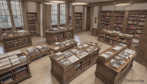 indoors,tree,book,no humans,window,chair,table,box,scenery,desk,wooden floor,paper,bookshelf,pen,lamp,shelf,book stack,library,ladder,snow,rain,bare tree,office