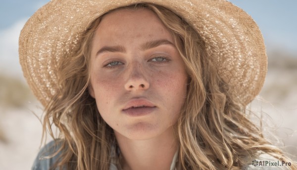 1girl,solo,long hair,looking at viewer,blue eyes,blonde hair,brown hair,shirt,hat,outdoors,parted lips,day,mole,blurry,lips,grey eyes,depth of field,blurry background,leaf,portrait,freckles,sun hat,realistic,nose,straw hat,mole on cheek,sky,blue sky,eyelashes,thick eyebrows,mole under mouth,close-up