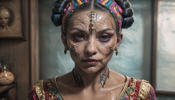 1girl,solo,looking at viewer,black hair,hair ornament,jewelry,collarbone,hairband,earrings,parted lips,teeth,indoors,dark skin,necklace,hair bun,blurry,black eyes,dark-skinned female,lips,grey eyes,eyelashes,double bun,tattoo,makeup,depth of field,blurry background,facial mark,piercing,gem,portrait,mirror,realistic,nose,straight-on,mascara,blue eyes,headdress,facepaint,gold,very dark skin,nose piercing