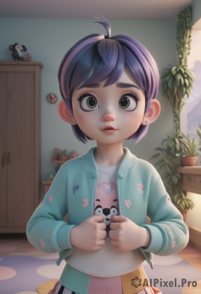 1girl,solo,looking at viewer,blush,short hair,bangs,skirt,shirt,long sleeves,holding,jewelry,green eyes,standing,jacket,white shirt,purple hair,ahoge,pleated skirt,earrings,parted lips,open clothes,artist name,indoors,blurry,open jacket,lips,eyelashes,floral print,stuffed toy,stuffed animal,plant,blue jacket,child,pink skirt,freckles,female child,stud earrings,potted plant,yellow skirt,print shirt,shelf,upper body,thick eyebrows,nose