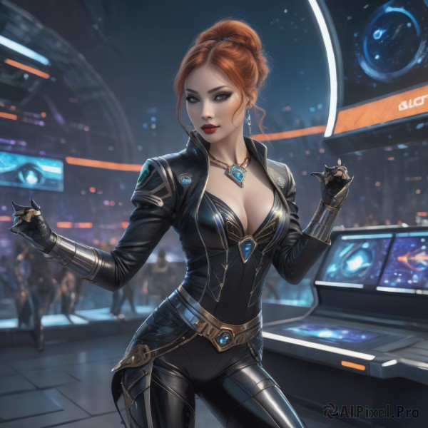 1girl,solo,long hair,breasts,looking at viewer,blue eyes,large breasts,brown hair,gloves,long sleeves,cleavage,brown eyes,jewelry,medium breasts,standing,ponytail,cowboy shot,earrings,parted lips,solo focus,black gloves,belt,pants,necklace,hair bun,orange hair,mole,blurry,lips,bodysuit,makeup,blurry background,single hair bun,lipstick,mole under mouth,skin tight,contrapposto,high collar,realistic,black bodysuit,red lips,night,hair up