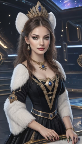 1girl,solo,long hair,breasts,looking at viewer,smile,brown hair,dress,animal ears,cleavage,brown eyes,jewelry,medium breasts,earrings,indoors,necklace,nail polish,black dress,bracelet,lips,fingernails,fur trim,makeup,watermark,tiara,crown,gem,star (sky),pendant,gold trim,realistic,nose,red lips,space,hair ornament,upper body,night,lipstick,instrument,forehead,eyeshadow,feather boa,piano