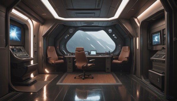 indoors,water,no humans,window,chair,scenery,reflection,science fiction,rain,wooden floor,light,cable,computer,monitor,cockpit,seat,sky,desk,space,planet,earth (planet),keyboard (computer),spacecraft,screen