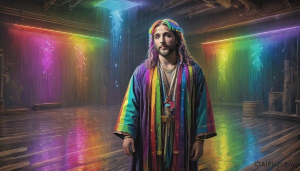 The majestic beauty of a male set within a dynamic rainy wooden floor