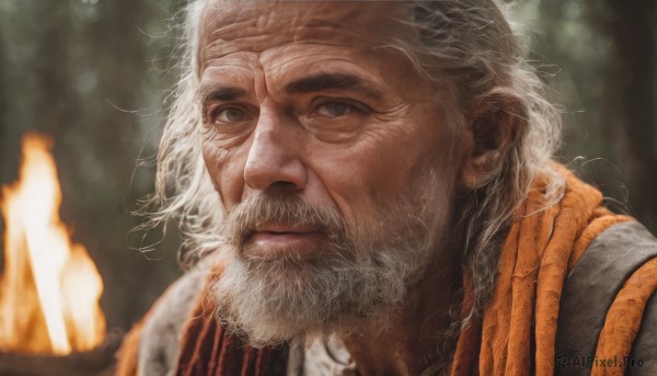 solo,looking at viewer,1boy,closed mouth,upper body,white hair,male focus,armor,blurry,grey eyes,blurry background,facial hair,fire,portrait,beard,realistic,mustache,old,old man,gloves,outdoors,hand up,vest,lips,scar,thick eyebrows,backpack,scar on face,nose,scar across eye,manly,flame,wrinkled skin