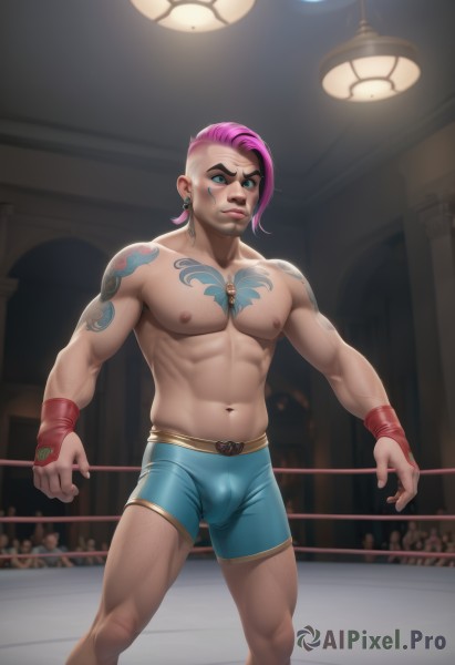 solo,short hair,blue eyes,1boy,navel,jewelry,underwear,nipples,pink hair,male focus,thighs,earrings,shorts,artist name,indoors,lips,tattoo,muscular,feet out of frame,piercing,abs,pectorals,muscular male,wristband,ear piercing,bara,large pectorals,blue shorts,bulge,topless male,mature male,arm tattoo,nipple piercing,male underwear,shoulder tattoo,undercut,biceps,navel hair,crowd,leg hair,wrestling outfit,nose piercing,wrestling ring,1girl,looking at viewer,closed mouth,green eyes,standing,collarbone,watermark,scar,web address,scar on face,freckles,realistic,scar across eye,very short hair,manly,obliques