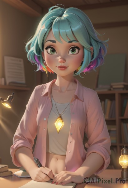 1girl,solo,breasts,looking at viewer,blush,smile,short hair,bangs,shirt,long sleeves,navel,holding,jewelry,sitting,closed mouth,green eyes,blue hair,collarbone,white shirt,upper body,pink hair,multicolored hair,earrings,small breasts,green hair,open clothes,midriff,shiny,collared shirt,artist name,indoors,necklace,nail polish,blurry,two-tone hair,lips,fingernails,book,eyelashes,open shirt,aqua hair,gradient hair,makeup,buttons,depth of field,blurry background,glowing,watermark,table,thick eyebrows,gem,pink nails,pendant,sleeves rolled up,freckles,pink shirt,paper,open book,nose,unbuttoned,pen,light,lamp,pencil,holding pen,writing,quill,jacket,web address,bookshelf