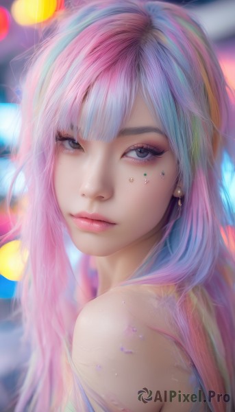 1girl,solo,long hair,looking at viewer,bangs,bare shoulders,jewelry,closed mouth,blue hair,upper body,pink hair,multicolored hair,earrings,looking back,artist name,blurry,two-tone hair,lips,grey eyes,eyelashes,makeup,depth of field,blurry background,watermark,piercing,portrait,web address,eyeshadow,realistic,nose,mascara,rainbow hair,blue eyes,facial mark