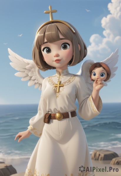 1girl,solo,looking at viewer,smile,short hair,bangs,brown hair,long sleeves,dress,holding,brown eyes,jewelry,closed mouth,standing,cowboy shot,hairband,outdoors,parted lips,wings,sky,day,belt,cloud,hand up,wide sleeves,blunt bangs,water,necklace,white dress,blurry,blue sky,lips,depth of field,blurry background,bird,ocean,animal,beach,bob cut,cross,child,feathered wings,angel wings,pouch,robe,rock,sand,white wings,horizon,angel,red lips,female child,brown belt,cross necklace,belt pouch,mini wings,fake wings,breasts,blush,blue eyes,multiple girls,2girls,solo focus,artist name,halo,nose