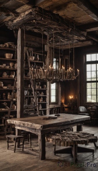 indoors,book,no humans,window,chair,table,sunlight,bottle,scenery,wooden floor,bookshelf,lamp,candle,stool,shelf,candlestand,cabinet,chandelier,wooden table,fireplace,wooden chair,day,fire,fantasy,wood