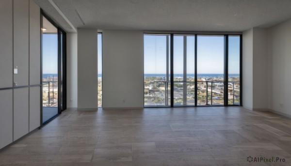 sky,day,indoors,water,blue sky,no humans,window,building,scenery,reflection,wooden floor,city,door,railing,tiles,cityscape,tile floor,skyscraper,rooftop,floor,hallway,reflective floor,cloud,ceiling light