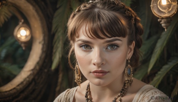 1girl,solo,looking at viewer,short hair,bangs,brown hair,brown eyes,jewelry,closed mouth,collarbone,braid,earrings,necklace,blurry,tree,lips,eyelashes,depth of field,blurry background,portrait,close-up,freckles,realistic,nose,plant