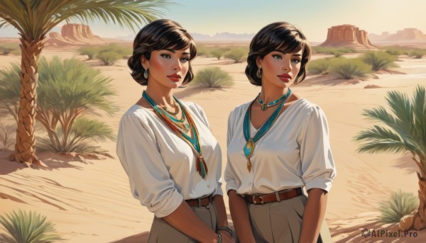 breasts,short hair,bangs,multiple girls,brown hair,shirt,black hair,long sleeves,2girls,brown eyes,jewelry,medium breasts,collarbone,white shirt,earrings,outdoors,parted lips,sky,day,belt,pants,dark skin,necklace,hair bun,looking at another,black eyes,bracelet,dark-skinned female,tree,lips,makeup,siblings,beach,sunlight,single hair bun,grass,lipstick,sisters,sleeves rolled up,twins,hoop earrings,rock,belt buckle,sand,palm tree,red lips,bangle,brown belt,sleeves past elbows,desert,looking at viewer,smile,closed mouth,standing,water,looking to the side,own hands together,plant,gem,scenery,pendant,brown pants,sleeves pushed up