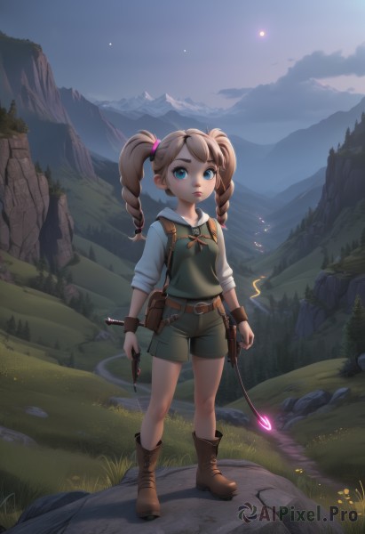 1girl,solo,long hair,looking at viewer,blue eyes,brown hair,shirt,holding,twintails,standing,full body,weapon,braid,boots,outdoors,sky,shorts,belt,cloud,bag,twin braids,lips,short shorts,night,brown footwear,drill hair,moon,grass,child,nature,sleeves rolled up,forest,pouch,rock,mountain,fantasy,belt pouch,green shorts,mountainous horizon,breasts,hood,blood,hoodie,backpack,knife,scenery,female child