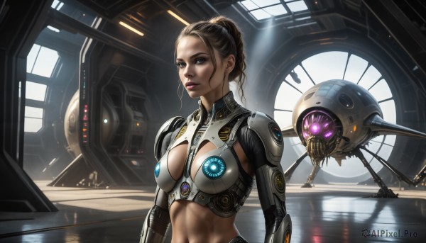 HQ,1girl,solo,breasts,looking at viewer,blue eyes,brown hair,black hair,navel,cleavage,medium breasts,upper body,midriff,indoors,hair bun,armor,lips,clothing cutout,window,makeup,abs,cleavage cutout,robot,reflection,science fiction,realistic,nose,alien,spacecraft,ponytail,parted lips,dark skin,glowing,mecha,toned