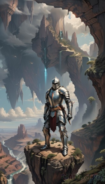 solo,1boy,holding,standing,weapon,male focus,boots,outdoors,sky,day,sword,cloud,water,holding weapon,armor,tree,blue sky,bird,holding sword,helmet,cloudy sky,shoulder armor,gauntlets,scenery,1other,pauldrons,pouch,breastplate,rock,mountain,fantasy,armored boots,greaves,knight,full armor,waterfall,ambiguous gender,cliff,helm,floating island,full body,ocean,floating,flying,horizon,faulds,leg armor,island