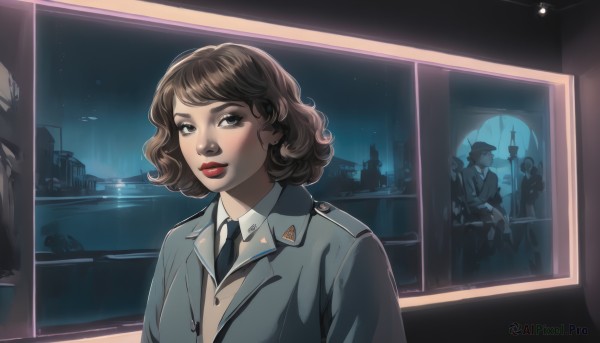 1girl,looking at viewer,short hair,brown hair,shirt,brown eyes,jacket,white shirt,upper body,multiple boys,necktie,sky,solo focus,collared shirt,indoors,uniform,lips,window,makeup,night,lipstick,building,black necktie,grey jacket,red lips,police,police uniform,solo,bangs,hat,jewelry,parted lips,water,black eyes,military,military uniform,star (sky),night sky,curly hair,silhouette