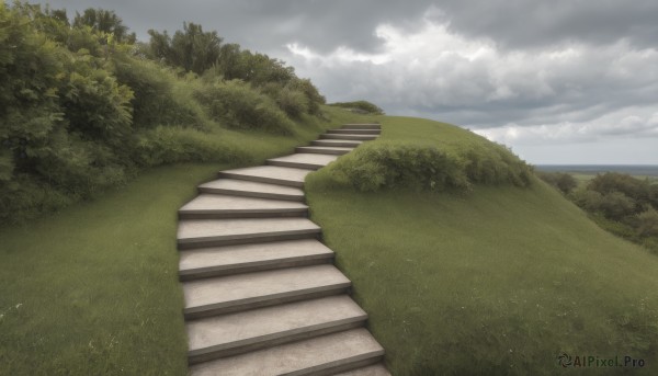 outdoors,sky,day,cloud,tree,blue sky,no humans,cloudy sky,grass,nature,scenery,forest,stairs,horizon,bush,stone stairs,ocean,road,landscape,path