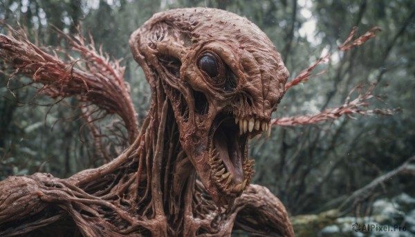 solo,open mouth,blue eyes,outdoors,teeth,day,blurry,tree,no humans,blurry background,sharp teeth,nature,1other,forest,monster,realistic,branch,extra eyes,horror (theme),blood,depth of field,alien,eldritch abomination