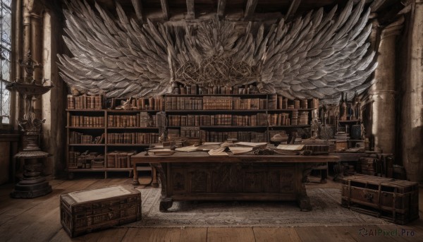 wings,indoors,book,no humans,window,chair,table,scenery,feathered wings,wooden floor,paper,fantasy,bookshelf,candle,shelf,book stack,library,quill,candlestand,globe,day,tree,bottle,desk,statue,drawer,cabinet,chandelier