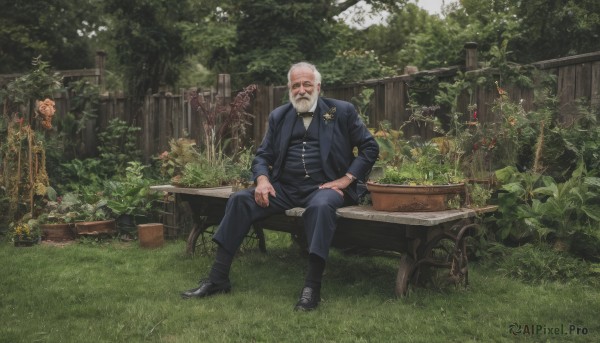 solo,looking at viewer,shirt,long sleeves,1boy,sitting,closed mouth,jacket,full body,weapon,white hair,male focus,outdoors,shoes,day,pants,bowtie,black footwear,vest,tree,black jacket,facial hair,black pants,formal,suit,grass,plant,nature,beard,fence,mustache,bench,bush,bald,manly,old,old man,garden,flower,grey hair,boots,striped,scar,ring,blue jacket,scar on face,realistic,blue pants,on bench