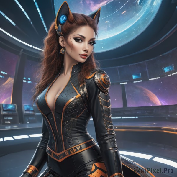 1girl,solo,long hair,breasts,looking at viewer,large breasts,brown hair,gloves,animal ears,cleavage,brown eyes,jewelry,medium breasts,earrings,parted lips,artist name,cat ears,lips,bodysuit,makeup,fake animal ears,headgear,wavy hair,lipstick,star (sky),forehead,science fiction,realistic,black bodysuit,red lips,eyeliner,space,planet,earth (planet),eyeshadow,zipper,nose,mechanical ears