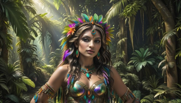 1girl,solo,long hair,breasts,looking at viewer,smile,open mouth,brown hair,black hair,hair ornament,cleavage,bare shoulders,brown eyes,jewelry,medium breasts,upper body,flower,multicolored hair,earrings,small breasts,outdoors,parted lips,teeth,day,hair flower,dark skin,necklace,black eyes,dark-skinned female,tree,lips,eyelashes,strapless,makeup,leaf,upper teeth only,facial mark,sunlight,feathers,plant,lipstick,gem,nature,armband,armlet,forest,light rays,realistic,nose,palm tree,arms at sides,headdress,red lips,feather hair ornament,facepaint,sunbeam,dappled sunlight,braid,curly hair,tribal