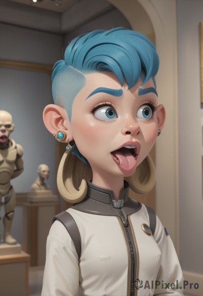 bulma,1girl,breasts,short hair,open mouth,blue eyes,jewelry,blue hair,upper body,earrings,small breasts,multiple boys,teeth,solo focus,tongue,artist name,indoors,tongue out,blurry,covered nipples,lips,eyelashes,makeup,blurry background,upper teeth only,piercing,ear piercing,zipper,realistic,nose,stud earrings,zipper pull tab,bald,cyborg,mohawk,tongue piercing,1boy,2boys,freckles