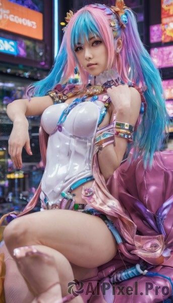 1girl,solo,long hair,breasts,looking at viewer,bangs,hair ornament,twintails,brown eyes,jewelry,medium breasts,sitting,blue hair,pink hair,multicolored hair,earrings,shorts,belt,pink eyes,nail polish,blurry,two-tone hair,leotard,lips,covered navel,depth of field,blurry background,crossed legs,crown,pink nails,armlet,realistic,large breasts,thighs,sleeveless,necklace,bracelet,watermark,web address,nose,leaning back