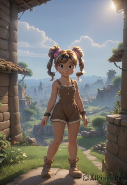 1girl,solo,long hair,looking at viewer,smile,brown hair,black hair,bare shoulders,twintails,brown eyes,jewelry,standing,collarbone,full body,flower,boots,outdoors,sky,shoes,day,cloud,dark skin,black eyes,flat chest,bracelet,dark-skinned female,tree,blue sky,lips,drill hair,sunlight,grass,child,scenery,twin drills,sun,female child,overalls,ruins,naked overalls,overall shorts,breasts,short hair,small breasts,shorts,artist name,loli,scrunchie,sneakers,bandaid