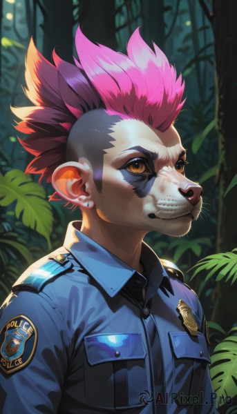 solo,looking at viewer,smile,short hair,shirt,1boy,brown eyes,jewelry,closed mouth,jacket,upper body,pink hair,male focus,multicolored hair,earrings,outdoors,teeth,collared shirt,blurry,uniform,two-tone hair,tree,orange eyes,blurry background,blue shirt,plant,spiked hair,nature,furry,forest,pocket,breast pocket,facepaint,undercut,badge,police,police uniform,mohawk,patch,1girl,yellow eyes,mask,leaf,piercing,ear piercing,policewoman