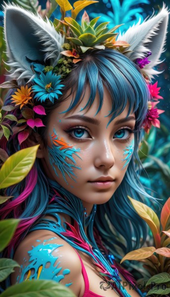 1girl,solo,long hair,looking at viewer,bangs,blue eyes,hair ornament,animal ears,bare shoulders,closed mouth,blue hair,upper body,pink hair,flower,multicolored hair,artist name,cat ears,hair flower,blurry,from side,two-tone hair,lips,animal ear fluff,fox ears,eyelashes,gradient hair,makeup,depth of field,blurry background,leaf,watermark,facial mark,plant,lipstick,portrait,web address,eyeshadow,freckles,blue flower,pink lips,realistic,nose,eyeliner,facepaint,mascara,jewelry,necklace,paint splatter