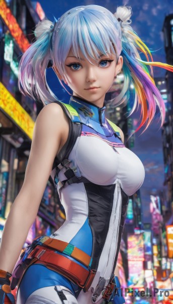 1girl,solo,long hair,breasts,looking at viewer,smile,bangs,blue eyes,hair ornament,gloves,bare shoulders,twintails,jewelry,medium breasts,closed mouth,blue hair,white hair,multicolored hair,cowboy shot,earrings,outdoors,sleeveless,belt,blurry,two-tone hair,lips,streaked hair,bodysuit,night,blurry background,short twintails,building,science fiction,city,realistic,arms at sides,standing,pink hair,sky,artist name,fingerless gloves,depth of field,skin tight,pouch,nose,belt pouch,blue bodysuit,city lights