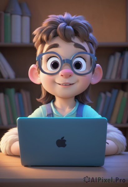 1girl,solo,looking at viewer,smile,short hair,brown hair,shirt,brown eyes,upper body,parted lips,glasses,teeth,artist name,indoors,medium hair,blurry,black eyes,lips,book,fur trim,blurry background,table,suspenders,blue shirt,child,bookshelf,female child,overalls,computer,laptop,blue-framed eyewear,open mouth,depth of field,upper teeth only,thick eyebrows,goggles,nose,green shirt,raised eyebrow,aqua shirt