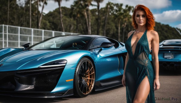 1girl,solo,long hair,breasts,looking at viewer,dress,cleavage,brown eyes,medium breasts,standing,outdoors,sky,day,medium hair,orange hair,blurry,tree,lips,no bra,blurry background,blue dress,ground vehicle,breasts apart,motor vehicle,side slit,realistic,car,vehicle focus,halter dress,plunging neckline,sports car,large breasts,jewelry,red hair,necklace,black dress