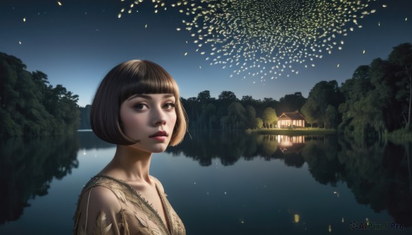 1girl,solo,looking at viewer,short hair,bangs,brown hair,black hair,brown eyes,closed mouth,collarbone,upper body,outdoors,sky,blunt bangs,water,mole,black eyes,tree,lips,night,bob cut,star (sky),night sky,scenery,mole under mouth,reflection,lantern,nose,fireworks,paper lantern,japanese clothes,tattoo,architecture,bridge,lake