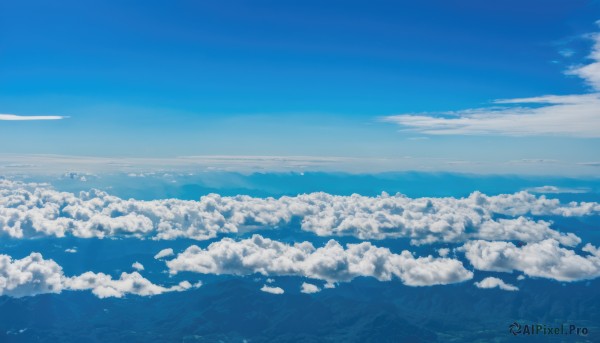 monochrome,outdoors,sky,day,cloud,water,blue sky,no humans,ocean,cloudy sky,scenery,blue theme,horizon,landscape,above clouds,nature,island