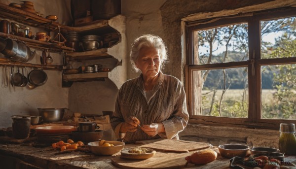 1girl,solo,short hair,shirt,long sleeves,1boy,holding,closed mouth,closed eyes,upper body,white hair,male focus,food,day,striped,indoors,tree,cup,window,fruit,facial hair,scar,table,bottle,knife,curtains,scenery,plate,bowl,striped shirt,realistic,spoon,basket,old,egg,old man,cooking,ladle,kitchen,jar,old woman,wooden table,wrinkled skin,cutting board,sitting,grey hair,sky,collared shirt,book,dress shirt,bandaid,snow,bread,winter,bare tree,stove,potato,kitchen knife,onion