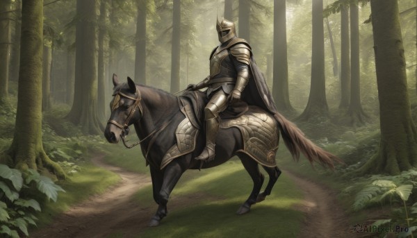 solo,1boy,weapon,male focus,outdoors,cape,armor,tree,animal,sunlight,helmet,grass,plant,shoulder armor,gauntlets,nature,scenery,1other,forest,pauldrons,breastplate,riding,greaves,horse,knight,full armor,ambiguous gender,horseback riding,plate armor,reins,saddle,holding,boots,day,from side,leaf,armored boots,bush,helm